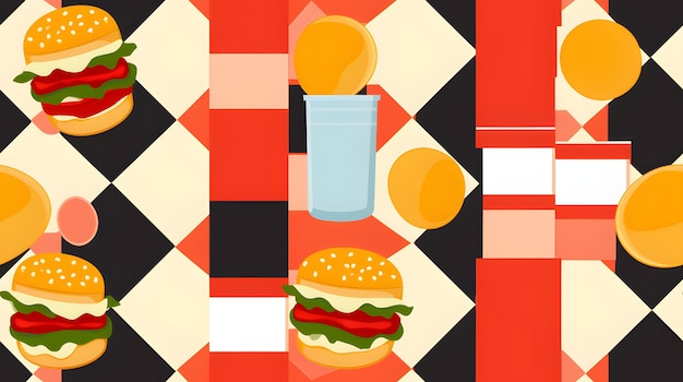 Retro diner food pattern with a checkerboard background