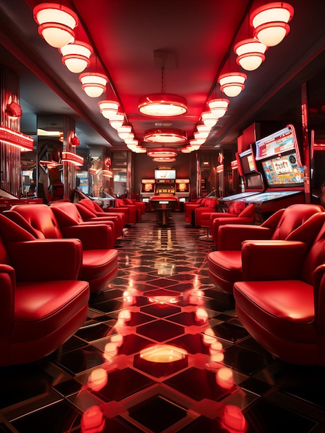 Foto retro diner inspired gaming lounge tema colore rosso e bianco creative live stream idea di sfondo