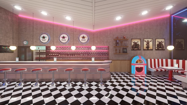 Retro diner interieur met een tegelvloer neon verlichting jukebox en art deco-stijl barkrukken 3d illustratie