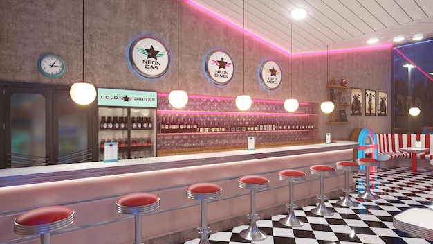 Retro diner interieur met een tegelvloer neon verlichting jukebox en art deco-stijl barkrukken 3d illustratie