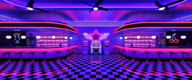 Foto interno ristorante retrò con illuminazione al neon jukebox con pavimento piastrellato