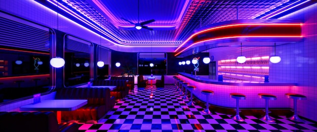 Photo retro diner interior with tile floor jukebox neon illumination