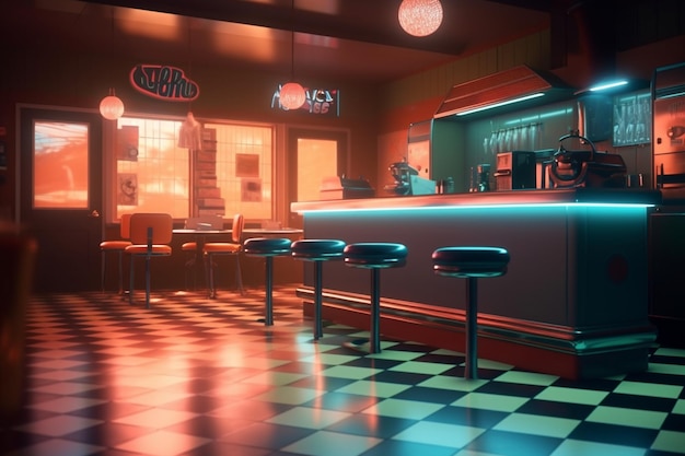 Retro diner interior with tile floor neon illumination vintage arcade machine and bar stools 3d i