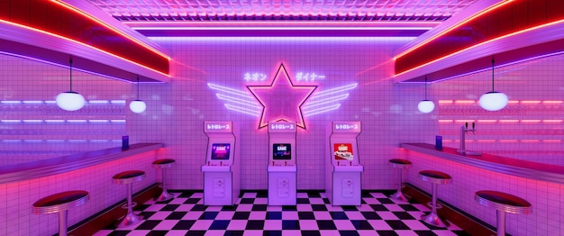 retro diner interior with tile floor neon illumination vintage