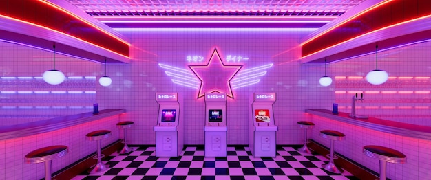 Retro diner interior with tile floor neon illumination vintage