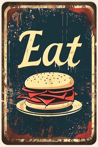 Ретро-почтовая открытка с ретро-знаком "Ешьте в ретро-иллюстрации" Винтажная открытка декоративная