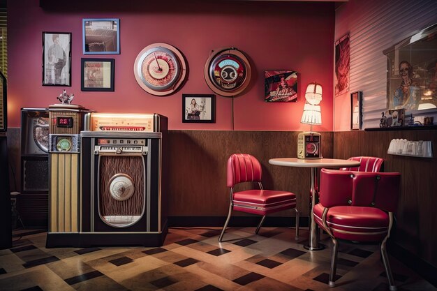 Photo retro diner room with jukebox vinyl records and vintage furniture