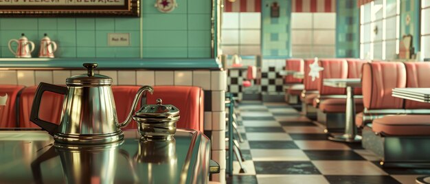 Retro diner scène met een klassieke koffiepot schaakbord vloer nostalgisch