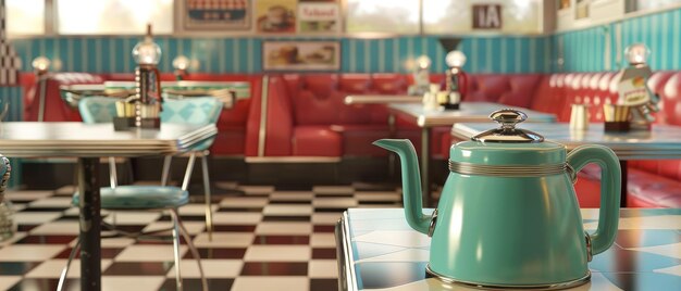 Photo retro diner scene with a classic coffee pot checkerboard floor nostalgic