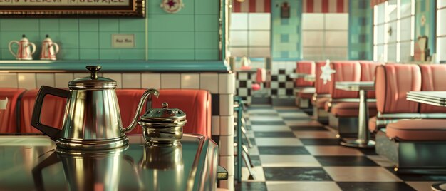 Photo retro diner scene with a classic coffee pot checkerboard floor nostalgic