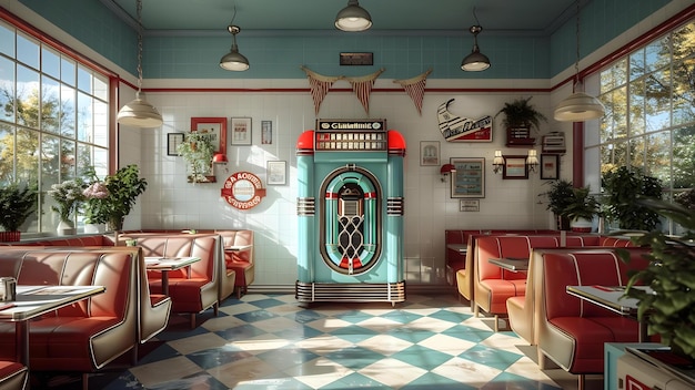 Foto set di ristorante retro con cabine jukebox e decorazione classica americana concept retro diner jukebox american decor vintage booths