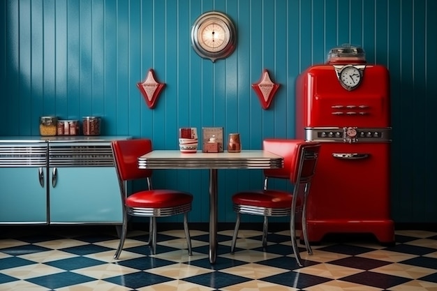Retro diner style kitchen with checkered flooring