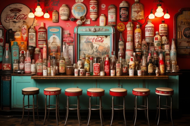 Photo retro diner wallpaper adorned with vintage diner signs and nostalgic 1950s ornaments generative ai