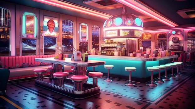 Retro diner with neon lights and jukebox