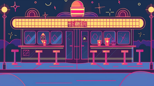 A retro diner with a neon sign in the window The diner is lit up at night and there are stars in the sky The diner has a blue and pink color scheme