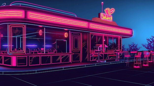 A retro diner with a neon sign in the window The diner is lit up at night and there is a blue sky with stars in the background