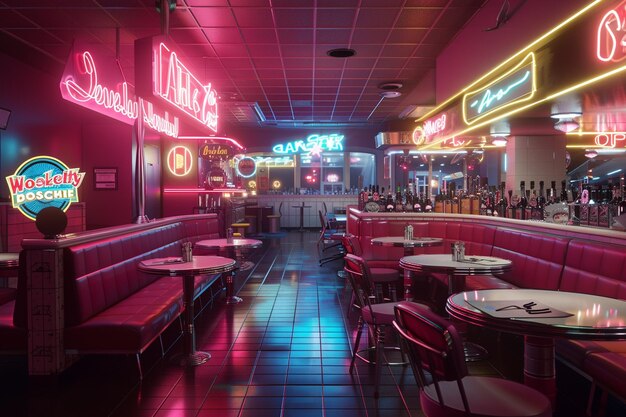 A retro diner with neon signs