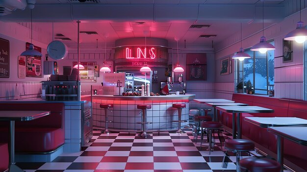 Photo a retro diner with a pink neon sign that says lns is the focus of this image