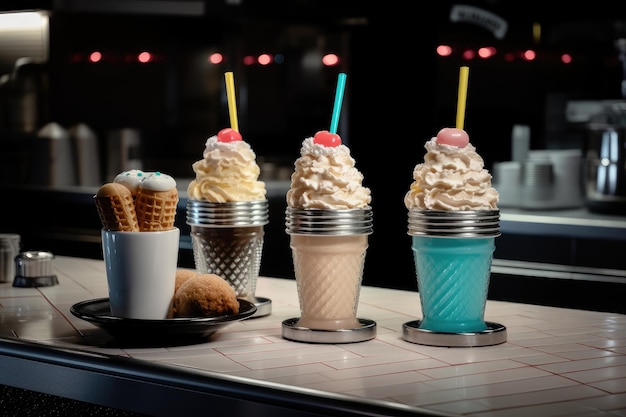 Retro diner with shakes and floats served in waffle cones created with generative ai