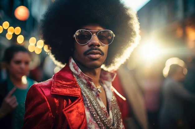 Retro Disco Fever 1970s Black Man's Portrait Celebrating Afro Culture and Style