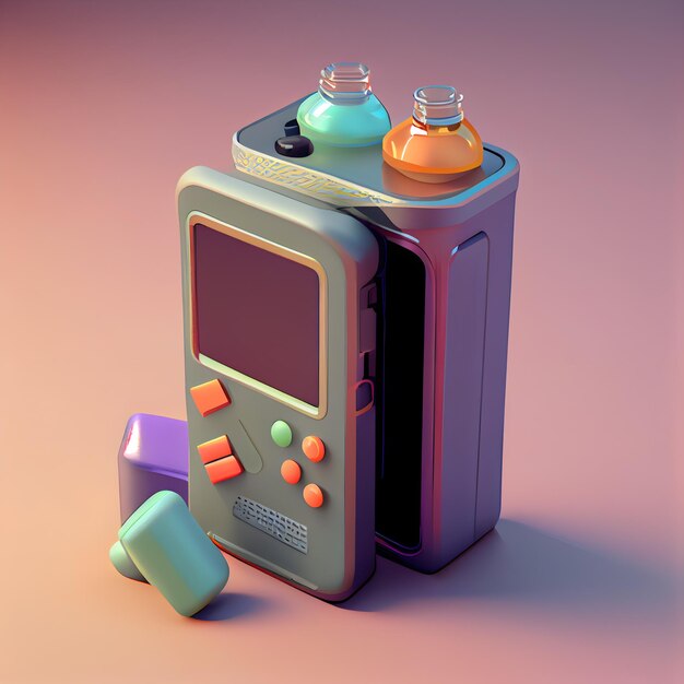 Foto retro draagbare videogameconsole op een paarse achtergrond 3d-rendering