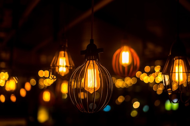 夜に輝くレトロなエジソン電球と装飾