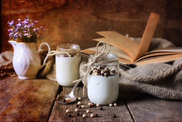 Retro effect photo rustic homemade yogurt jar