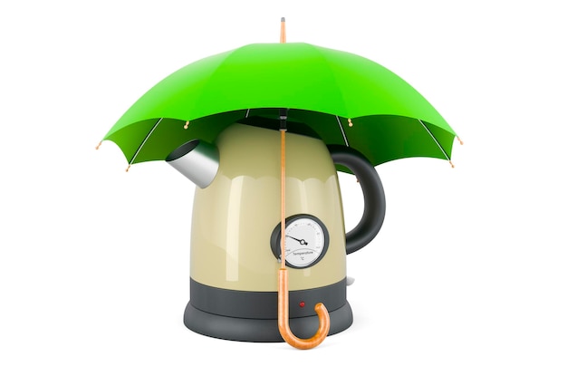 Retro electric kettle under umbrella 3D rendering