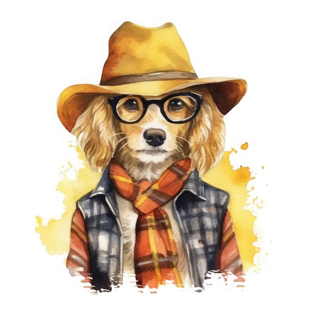 Retro fall cowboy dog wearing glasses and clothes On White Background