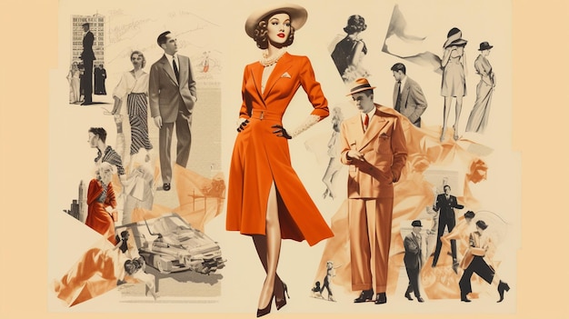 Retro fashion collage with a beautiful woman in a red dress and hat vintage illustrations