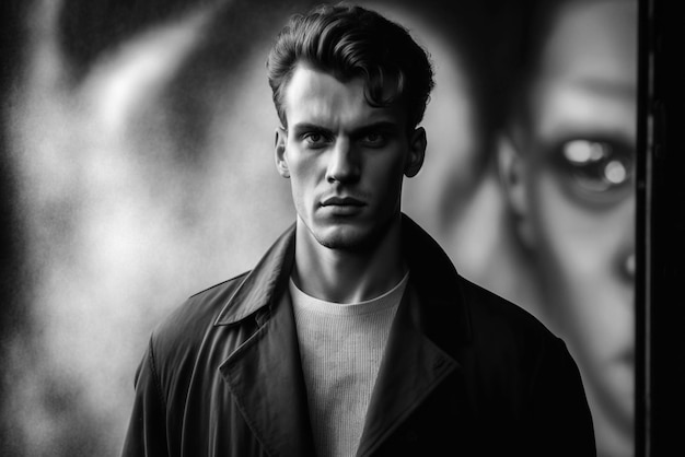 retro fashion portrait of stylish fashionable young man in a coat on the street in city A black and white vintage photograph from 1990s