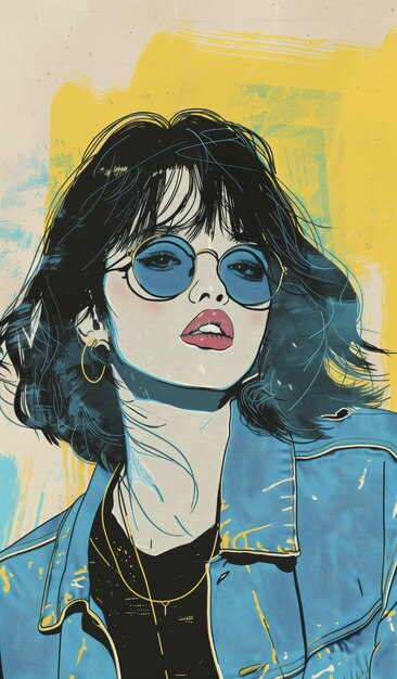 Retro fashion woman with blue sunglasses illustration