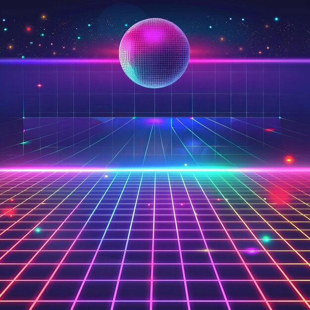 Foto retro feest scène met led vierkanten raster gloeiende vloer disco bal en sterrenrijke nachtelijke hemel moderne achtergrond illustratie neon kleurrijke tegels regenboog schitterende bal voor dj evenement