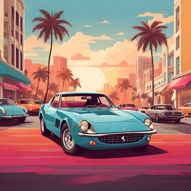 Photo retro ferrari cruising miami vibrant flat design tee