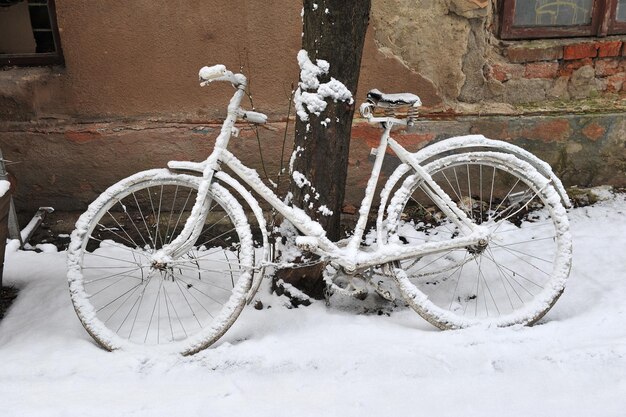 Retro fiets bedekt met sneeuw onder een boom op straat