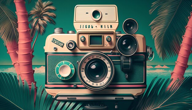 Photo retro film camera 90s with palm background generative ai