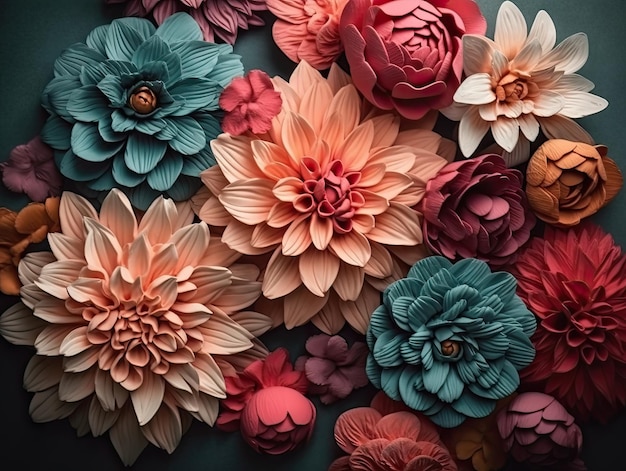 Retro Filtered Pink and Orange Flowers on Gray Background