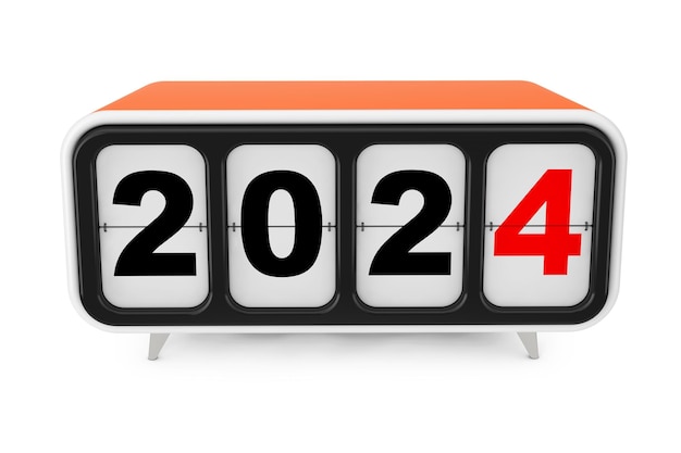 Foto retro flip clock met 2024 nieuwjaar teken op een witte achtergrond 3d-rendering