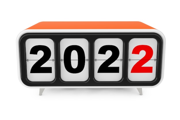 Retro flip clock con segno di capodanno 2022 su uno sfondo bianco. rendering 3d