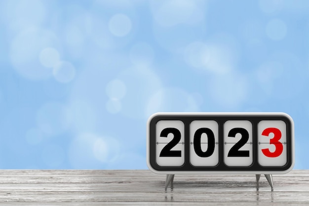 2023년 새해 기호 3d 렌더링이 있는 레트로 플립 시계