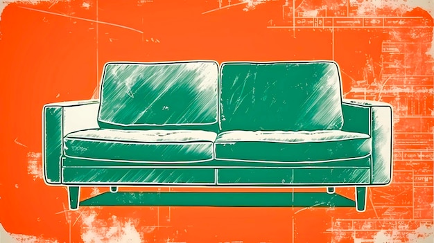 Ретро мебель Торговый центр Дизайн интерьера диван в 1960-х годах постер в стиле поп-арт Генеративный искусственный интеллект
