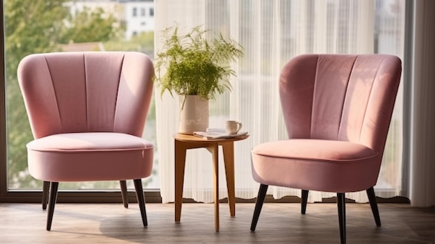 A retro furniture pink chair and table and flower poet background reading corner