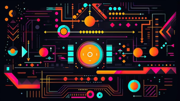 Retro future inspired artwork of vector abstract symbols with bright neon colored geometric shapes