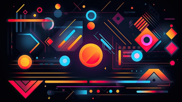 Retro future inspired artwork of vector abstract symbols with bright neon colored geometric shapes