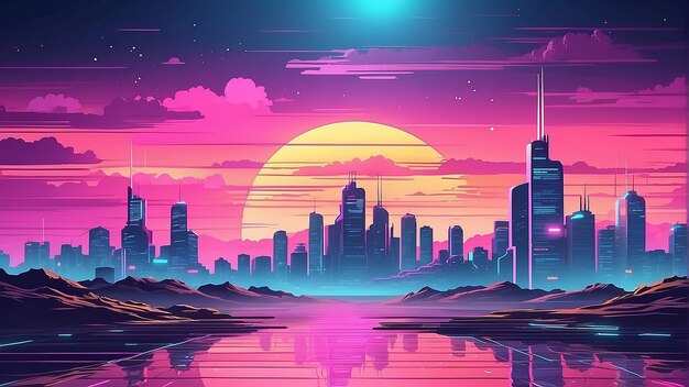 Foto un paesaggio urbano retro-futurista con grattacieli e un tramonto