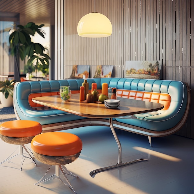 Retro Futurism Inspired Blue And Orange Striped Couch And Stools