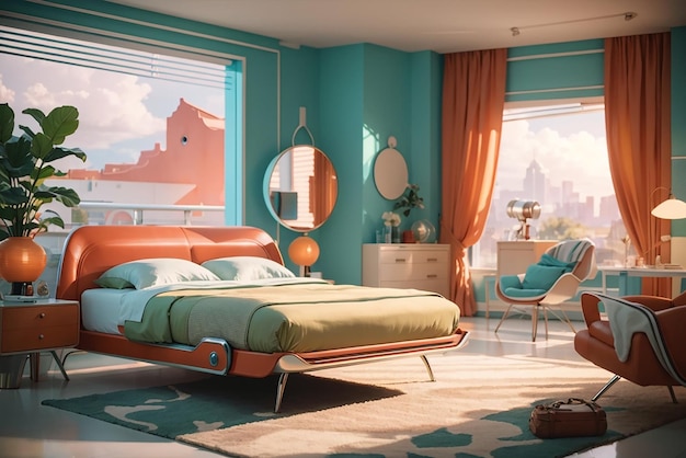 Retro Futurism Reimagined Blend 1950s Style with Modern Tech in a Bedroom