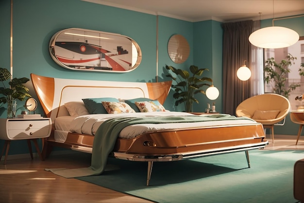 Retro Futurism Reimagined Blend 1950s Style with Modern Tech in a Bedroom