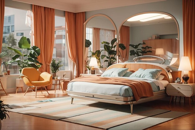 Retro Futurism Reimagined Blend 1950s Style with Modern Tech in a Bedroom