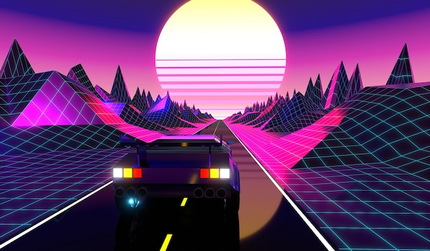 Retro futuristic car on a road with sun and mountains in background